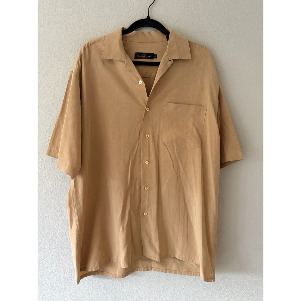 Bugatchi Uomo Mens SZ Large Button Up Shirt Short Sleeve Resortwear Tan